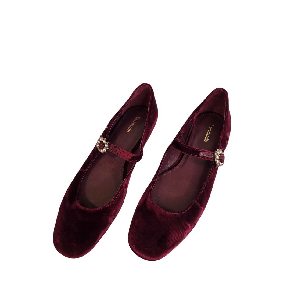 Larroude Blair Burgundy Velvet Mary Jane Ballet Flats Jeweled Straps Size 9.5